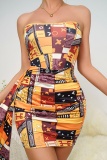 Sexy Casual Print Backless Strapless Wrapped Skirt Dresses (Without Paddings)