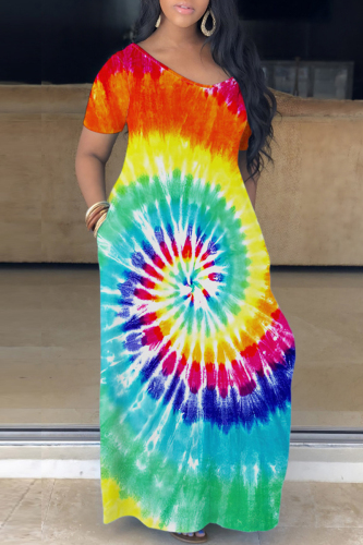 Casual Rainbow Color Tie Dye V Neck Vacation Long Maxi T-shirt Dress
