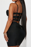 Sexy Solid Hollowed Out Backless Spaghetti Strap Sleeveless Two Pieces