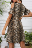 Vintage Print Leopard Hollowed Out V Neck Printed Dress Dresses