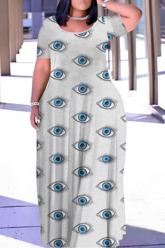 Casual Print Basic O Neck Plus Size Long Dress