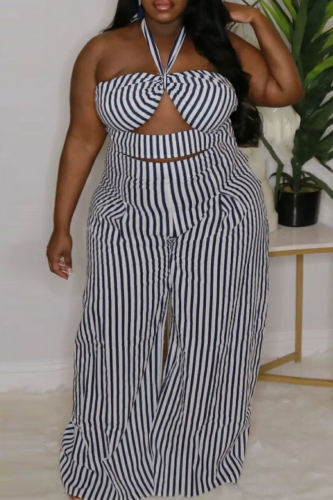 Sexy Casual Striped Print Bandage Backless Halter Plus Size Two Pieces