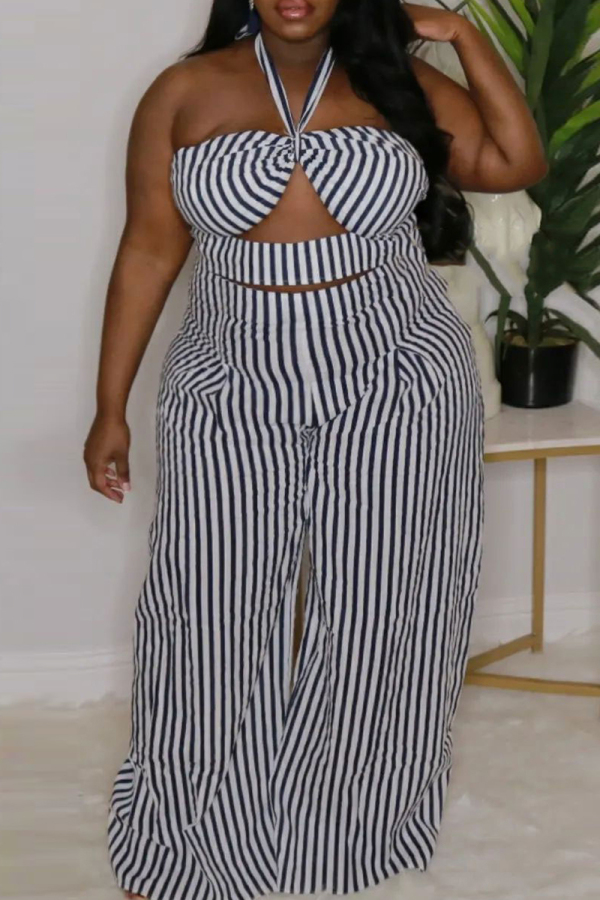 Sexy Casual Striped Print Bandage Backless Halter Plus Size Two Pieces