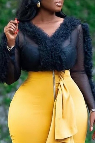 Sexy Casual Solid Patchwork See-through V Neck Plus Size Tops