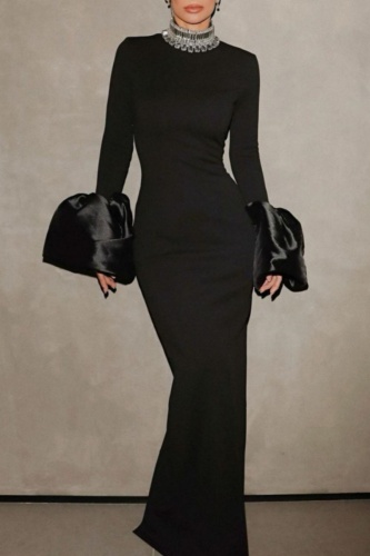Formal Solid Patchwork Turtleneck Long Dress Dresses