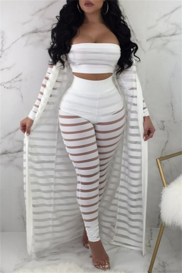 Casual Solid See-through Long Sleeve Three Pieces