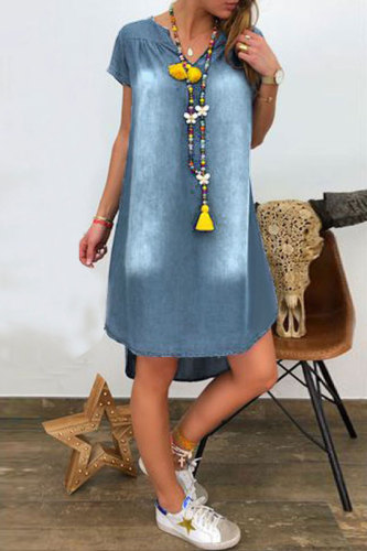 Casual Solid Asymmetrical V Neck Short Sleeve Regular Denim Dresses