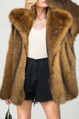Yellow Faux Fur Casual Solid Cardigan Turndown Collar Long Sleeve Winter Coats