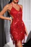 Sexy Party Formal Patchwork Tassel Sequins Backless Halter Sleeveless Dress Dresses