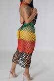 Sexy Patchwork Bandage Hollowed Out See-through Backless Contrast Swimwears Cover Up