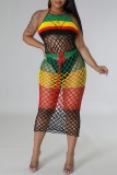 Sexy Patchwork Bandage Hollowed Out See-through Backless Contrast Swimwears Cover Up