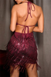 Sexy Party Formal Patchwork Tassel Sequins Backless Halter Sleeveless Dress Dresses