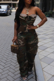 Casual Camouflage Print Buttons Backless Strapless Jumpsuits