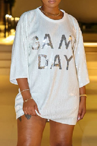 Casual Letter Sequins Patchwork O Neck T-shirt Dress Dresses