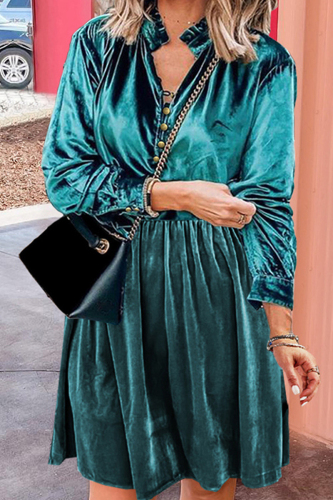 V Neck Long Sleeve A Line Pleated Velvet Mini Dress