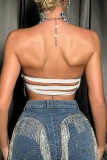 Sexy Patchwork Hollowed Out Backless Halter Tops