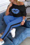 Casual Lips Printed O Neck Long Sleeve Two Pieces