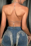 Sexy Solid Hollowed Out Patchwork Chains Backless Halter Tops
