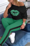 Casual Lips Printed O Neck Long Sleeve Two Pieces