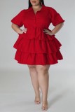 Red Casual Solid Patchwork Turndown Collar Cake Skirt Plus Size Dresses