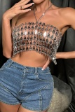 Sexy Solid Hollowed Out Patchwork Chains Backless Halter Tops
