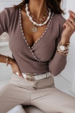 Casual Solid Beading V Neck Tops