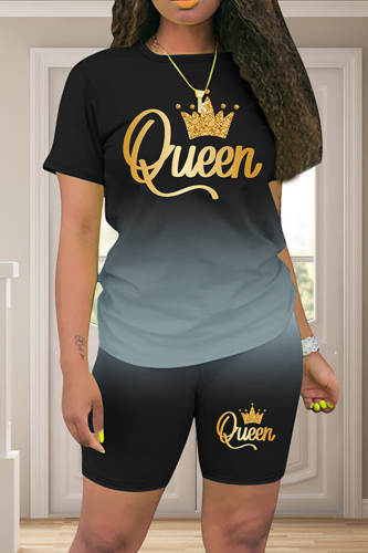 Casual Gradual Change Letter Print Basic O Neck Short Sleeve Two Pieces