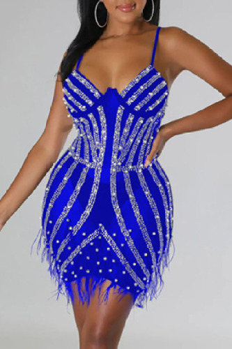 Sexy Patchwork Hot Drilling See-through Backless Spaghetti Strap Wrapped Skirt Dresses
