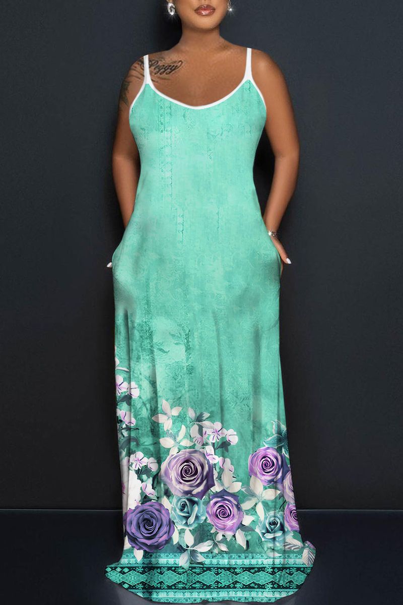 Sexy Casual Print Backless Spaghetti Strap Long Dresses