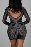 Sexy Patchwork Hot Drilling Hollowed Out See-through Backless Half A Turtleneck Long Sleeve Dresses