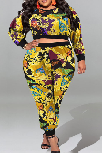 Yellow Casual Sweet Print Patchwork O Neck Plus Size Two Pieces