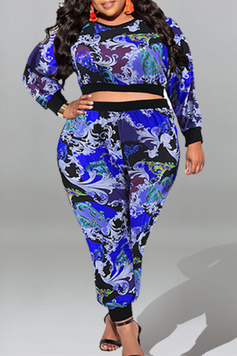 Blue Casual Sweet Print Patchwork O Neck Plus Size Two Pieces