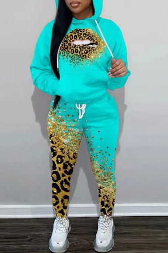 Casual Lips Printed Basic Hooded Collar Long Sleeve Two Pieces