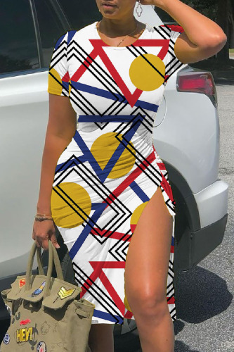 Casual Print Draw String Frenulum Slit O Neck Short Sleeve Dress