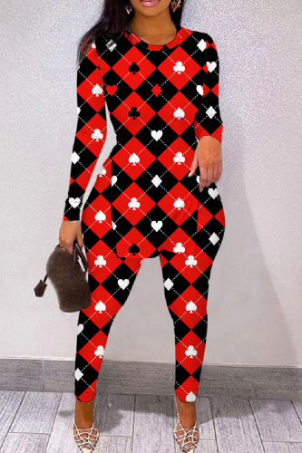 Casual Print Slit O Neck Long Sleeve Two Pieces