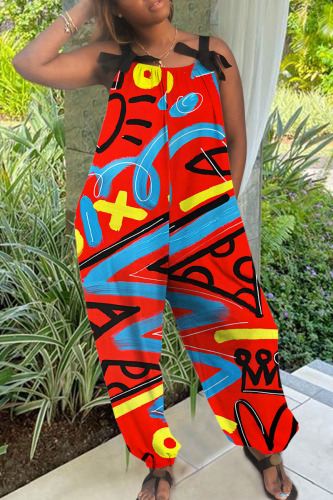 Casual Print Backless Spaghetti Strap Regular Jumpsuits