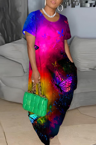 Casual Butterfly Print Basic O Neck Long Dress Dresses