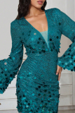 Sexy Party Patchwork Sequins V Neck Long Sleeve Dresses
