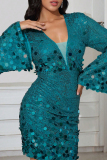 Sexy Party Patchwork Sequins V Neck Long Sleeve Dresses