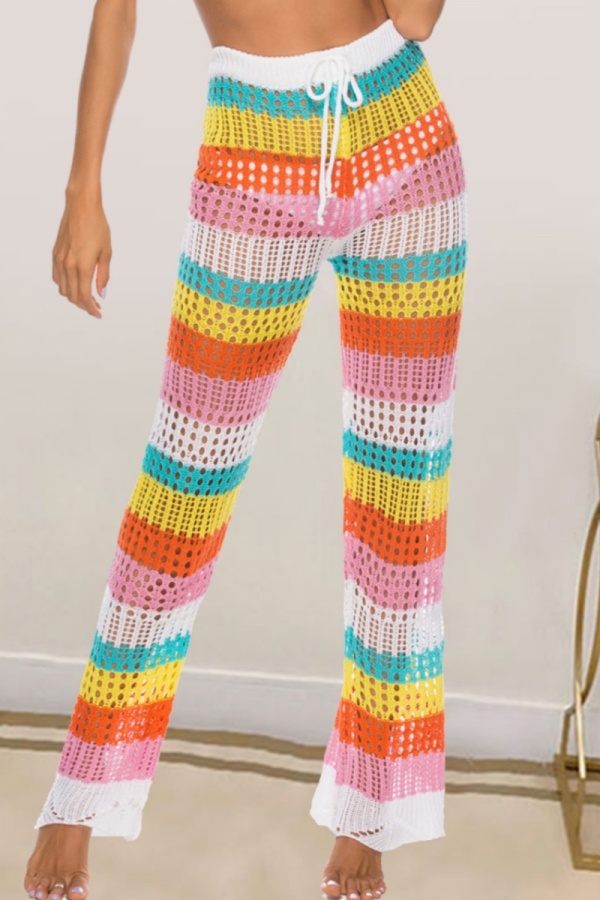Women Rainbow Knit Hollowed Out Striped High Wist Trousers Bottoms Pants