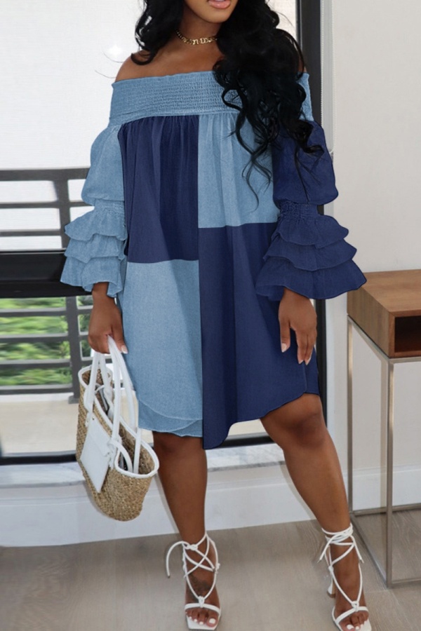 Casual Patchwork Contrast Off the Shoulder Long Sleeve Dresses