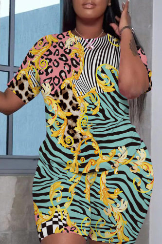 Casual Print Basic O Neck Short Sleeve Two Pieces