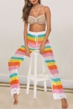 Women Rainbow Knit Hollowed Out Striped High Wist Trousers Bottoms Pants