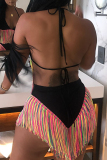 Sexy Solid Tassel Patchwork Frenulum Backless Swimwears (Without Paddings)