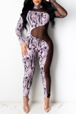 Sexy Print See-through O Neck Skinny Jumpsuits
