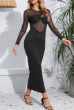 Sexy Solid Mesh O Neck Wrapped Skirt Dresses