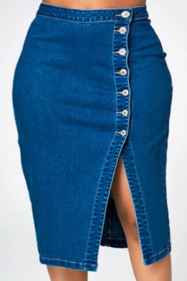 Casual Solid Buttons Slit High Waist Skinny Denim Skirts
