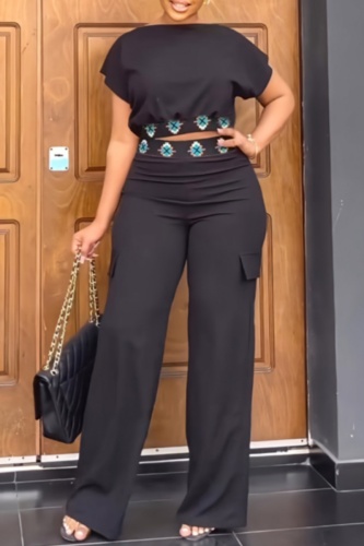 Casual Patchwork Basic O Neck Short Sleeve Two Pieces