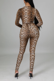 Casual Print Leopard Basic V Neck Skinny Jumpsuits
