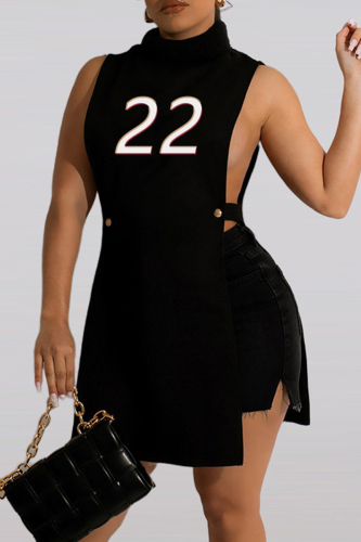 Black Fashion Sexy Print Hollowed Out Turtleneck Tops